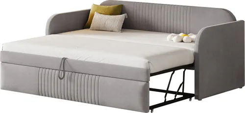 Polsterbett,Ausziehbares Schlafsofa(Grau) 90/180*190 cm,mit vertikalen Streifen, mit Lattenrost, Multifunktionsbett,atmungsaktiver Leinenstoff
