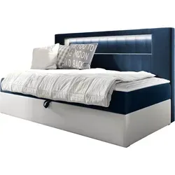Mirjan24 Boxbett in Weiß und Blau, 80x200 cm - Stilvolles Boxspringbett mit praktischem Bettkasten zur Aufbewahrung, Härtegrad H3, ideal für Schlafzimmer und optimalen Schlafkomfort.