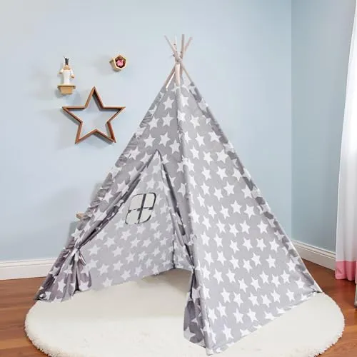 Benebomo Tipi Kinderzelt mit Sternen-Design | Faltbares Wigwam Spielzelt für Indoor & Outdoor | Zelt für Kinderzimmer & Garten mit Tragetasche | Geschenk für Jungen und Mädchen (Stern)