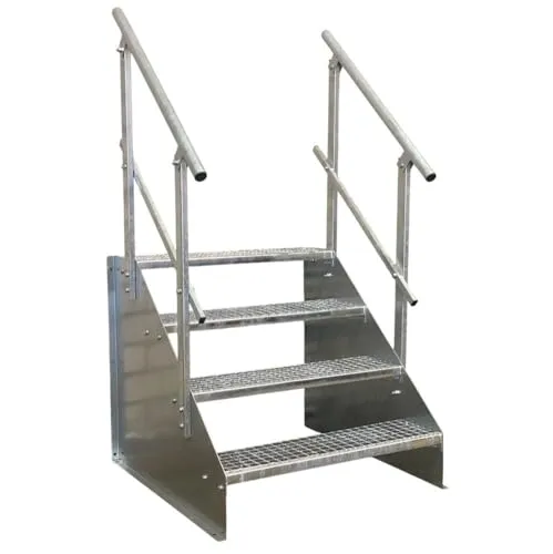 SRM Design Außentreppe 4 Stufen Standtreppe 60cm mit beidseitigem Geländer - Praktische 4-Stufen Standtreppe aus verzinktem Stahl, ideal für den Außenbereich. Mit beidseitigem Geländer für zusätzlichen Komfort und Sicherheit. Flexibel einsetzbar und einfach zu montieren.