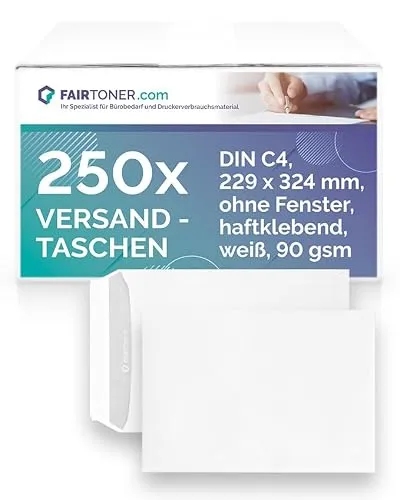 Fairtoner Versandtasche C4, weiß, 250 Stück Ohne Fenster