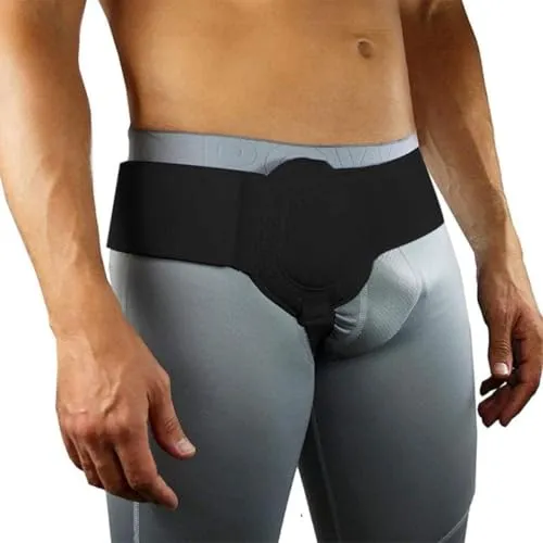 VKWE Leistenbruchgürtel Für Männer – Flexibel Einstellbarer Leistenbruch Gürtel – Leistenbruch Stütz Schmerzlinderung Bandage Links Und Rechts Tragbar – 92-120cm Hüftumfang (Schwarz) (Schwarz)