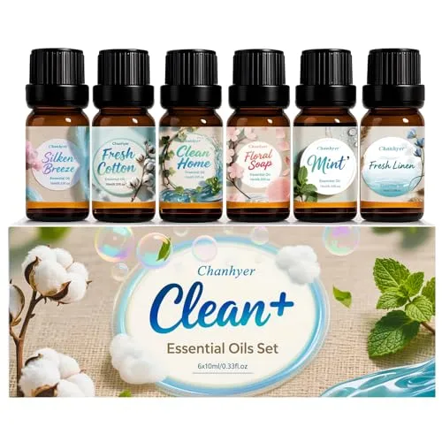 Sauber Clean Fresh Ätherische Öle Set 6 x 10 ml – Duftöl Set für Diffuser/Diffusor, Raumduft & Luftbefeuchter – Frische Wäsche, Baumwolle, Puderduft, Pfefferminze, Sauberes Zuhause & Blütenseife