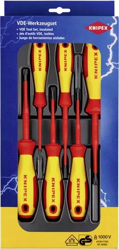 Knipex VDE Schraubendreher-Set 6teilig Plus/Minus - Schraubenzieher-Set mit 6 VDE isolierten Werkzeugen, ideal für sicheres Arbeiten an elektrischen Anlagen. Attraktive Verkaufsverpackung für einfache Präsentation.