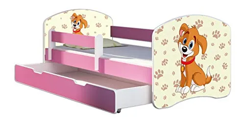 Kinderbett Jugendbett mit einer Schublade und Matratze Rausfallschutz Rosa 70 x 140 80 x 160 80 x 180 ACMA II (11 Welpe, 70 x 140 cm + Bettkasten)