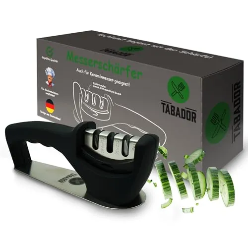 TABADOR Profi-Messerschärfer | 3-Stufen Messerschleifer mit Edelstahlfuß, Diamant, Wolframstahl & Keramik Schärfstufen zum Messer-schärfen | Messerschärfer-Profi für alle Küchenmesser