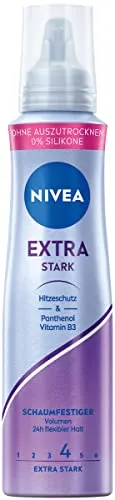 NIVEA Extra Stark Schaumfestiger (150 ml), pflegender Haarschaum mit Hitzeschutz, Panthenol & Vitamin B3, zuverlässiger Haarfestiger für Stylings mit 24h Halt (Haltestufe 4)