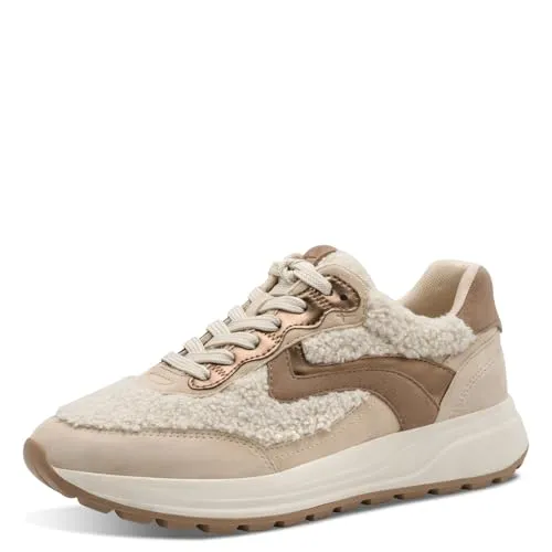 Tamaris Damen Schnürer beige 40 - Damen-Sneaker mit herausnehmbarem Fußbett für individuellen Komfort. Sportlich-eleganter Look mit Felloptik und farbigen Akzenten – ideal für Freizeit und Alltag.