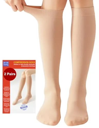 Paar Kompressionsstrümpfe für Damen & Herren 20-30 mmHg, Geschlossener Zehenbereich, Beige, Größe M