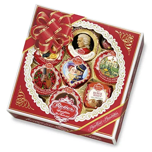 Reber Quadrat-Kassette, Pralinen, Mozart-Kugel, Marzipan, Pasteten, Tolles Geschenk, 340g, 11er-Packung
