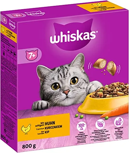 Whiskas Senior 7+ Trockenfutter Huhn, 5x800g (5 Packungen) - Katzentrockenfutter für ältere Katzen - unterschiedliche Produktverpackungen erhältlich