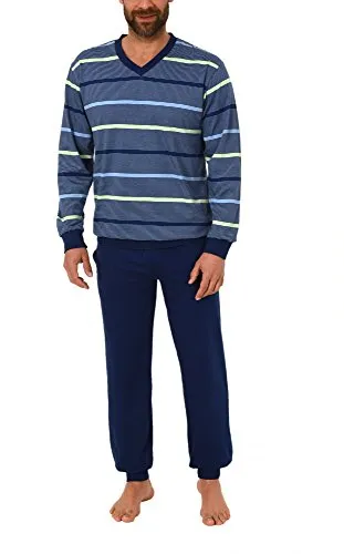 Eleganter Herren Frottee Pyjama Schlafanzug mit Bündchen in toller Streifenoptik