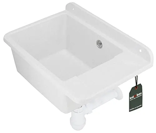 KOTARBAU® Ausgussbecken aus Polystyrol 50,5 x 34,5 x 18,5 cm Spüle Weiß Siphon Waschbecken Spülbecken Klein mit Stöpsel Montageset Ablaufgarnitur und Schrauben Waschküche Möbel