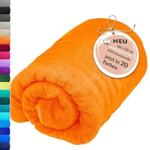 Lashuma Badetuch groß Orange - Clementinen, XXL Duschtuch 100x150 cm - Strandtücher: Luxuriöses, saugstarkes Frottee-Badetuch in leuchtendem Clementinen Orange, ideal für Bad, Sauna und Wellness. Weich, langlebig und pflegeleicht.
