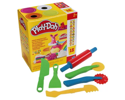 peveha24 Knete Play-Doh 18er Pack mit GOWI Knetwerkzeug 6tlg. - 18 Dosen bunte Knete und ein 6-teiliges Knetwerkzeug-Set für kreative Bastelstunden. Ideal für Kinder ab 3 Jahren, fördert die Fantasie und die Feinmotorik.