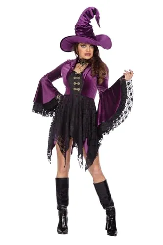 WILBERS & WILBERS 4661 - Elegantes Hexenkleid aus Samt für Damen - Kostüm-Outfits für Erwachsene: Violettes Hexenkleid mit schwarzer Spitze, ideal für Halloween und Karneval. Praktische Hakenverschlüsse und pflegeleichtes Material für einen stilvollen Auftritt.