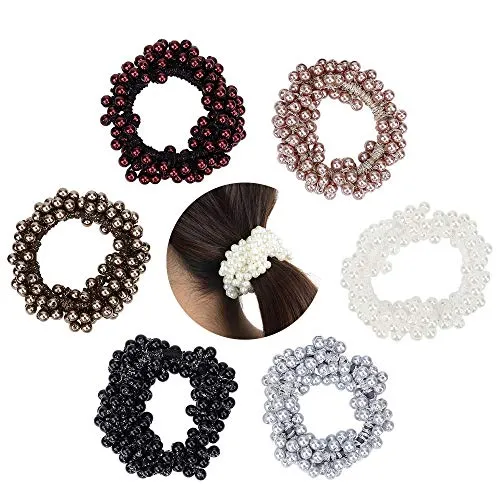 Elastische Haargummi, Hair Scrunchie, 6 STÜCKE Kunstperle Perlen Haarband Seil für Brötchen, Pferdeschwanz Halter Stirnbänder für Frauen Mädchen Dame Kinder Haarschmuck