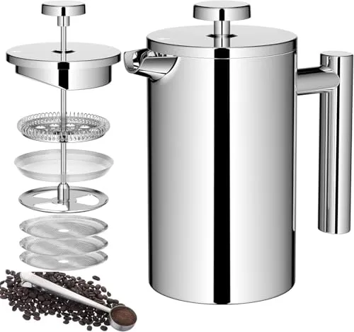 Wrobic Französische Presse Kaffeebereiter, 600ml Edelstahl Französische Presse mit 3-Level Filtration System, Doppelwand Isolierte kaffeebereiter 600ml mit 3-Filtern und 1-Metalllöffel