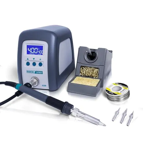 QUICK 3202 Digital Regelbare ESD Lötstation 90 Watt inkl. Lötkolben mit 1 mm Lötspitze und Zubehör