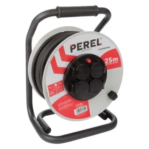 Perel Professionelle Kabeltrommel, spritzwassergeschützt (IP44) - Kabeltrommel mit 25 m flexiblem Neoprenkabel, 4 Typ-E-Steckdosen und Überhitzungsschutz. Ideal für Innen- und Außenanwendungen, schützt vor Spritzwasser und Staub.