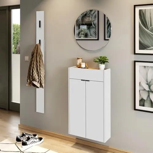 Lomadox Garderobe Flurgarderobe schmal in weiß mit Eiche modern 3-teilig mit 1 Garderobenpaneel, 1 Schuhschrank, 1 Spiegel