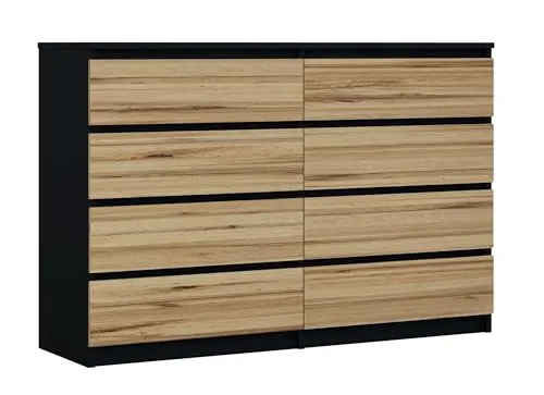 3E 3xE living.com Kommode mit 8 Schubladen, Farbe: Schwarz/Wotan Eiche, A: 140 x 101 x 39 cm