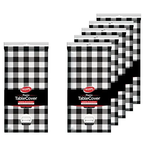Neatiffy 137 cm x 274 cm 6er-Pack rechteckige Tischdecken aus Kunststoff für Picknick-/Camping-/Party-/Bankett-Tischdecken. Einweg-/Mehrwegtischdecken Schwarz Kariert