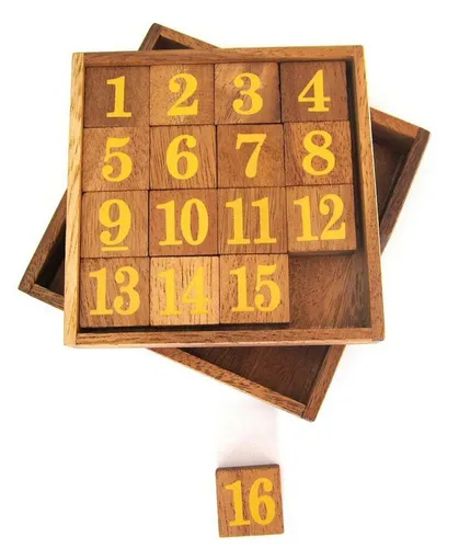 LOGOPLAY Spiel Slide 15 gelb, Gesellschaftsspiel, Slide 15 – Schiebespiel mit gelben Zahlen aus Holz für 1 Spieler