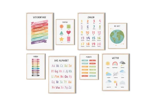 MeinBaby123® Poster Lernposter, Bilder Kinderzimmer Deko, Buchstaben, Alphabet, Zahlen, Mathe, Formen