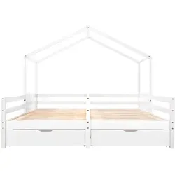 OKWISH Jugendbett Holzbett mit 2 Schubladen (90x200cm) - Kreatives Hausbett für Kinder mit charmantem Design. Bietet sicheren Schlafplatz und Spielbereich. Praktische Schubladen sorgen für Ordnung im Kinderzimmer. Stabiler Kiefernholzrahmen für Robustheit und Sicherheit.
