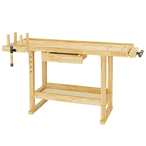 Wiltec Werkbank aus Rubberwood 151 x 61,5 cm - Robuste Werkbank für Heimwerker mit 150 kg Traglast, praktischer Schublade und Spannzangen für vielseitige Nutzung in Garage oder Werkstatt.