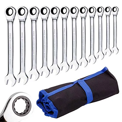 Qnkaa Ratschenschlüssel-Set, Ringmaulschlüssel, 12 Stück, metrische Größen von 8 mm bis 19 mm, mit Rolltasche, perfekt für Zuhause, Fahrrad, Autoreparaturen