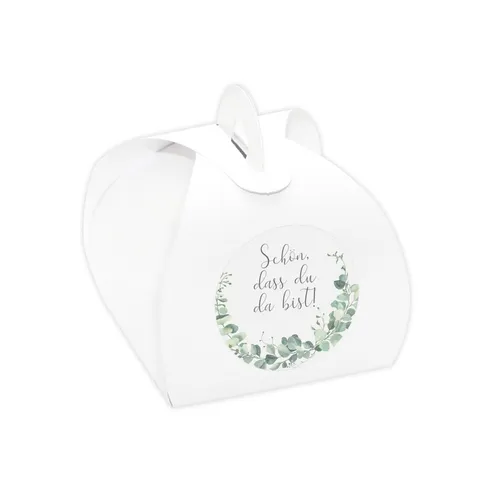 Kartonagen + Aufkleber  Eukalyptus Gastgeschenke Hochzeit Taufe Kommunion 24