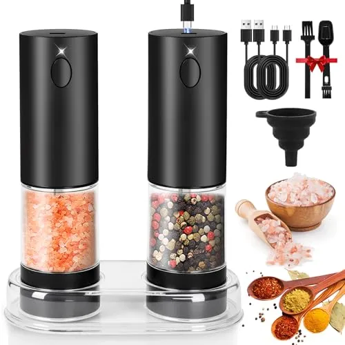 IGUGI Salz und Pfeffermühlen Elektrische 2er Set Batteriebetriebenen Gewürzmühle mit Basis,Verstellbarem Keramikmahlwerk,USB Wiederaufladbar Gewürzmühle,Automatisches Mahlen für BBQ Restaurant Küche