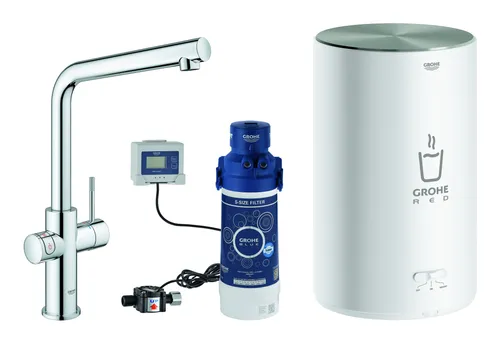 Grohe Küchenarmatur Red Duo L-Auslauf Boiler M, chrom - Spültischarmaturen mit integriertem Hochdruckboiler für sofort 100° C heißes Wasser. Die Grohe Red Duo Armatur vereint modernes Design mit Funktionalität und ist TÜV zertifiziert für höchste Sicherheit.