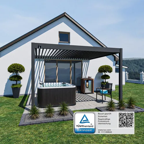 Weide Deluxe Wand-Pavillon 3,6 x 4 M mit Lamellendach - Pavillon mit stufenlos einstellbaren Aluminiumlamellen für optimalen Lichteinfall, UV-Schutz und leichten Regen. Inklusive einfacher Montageanleitung und robustem Design für maximale Stabilität.