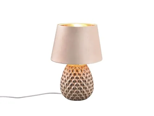 Retro Tischleuchte mit Keramikfuß und Samtschirm in Beige/Gold, Höhe 35cm - Tischlampen mit elegantem Keramikfuß und dimmbarem E27 LED Leuchtmittel, ideal für stimmungsvolle Beleuchtung in jedem Raum.