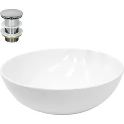 ECD Germany Waschbecken Ø 400 x 147 mm - Hochwertige Keramik Rund Weiß - Waschschalen - Modernes Design mit Kieselstein-Ästhetik, ideal als Hänge- oder Aufsatzwaschbecken und inklusive passgenauer Ablaufgarnitur.