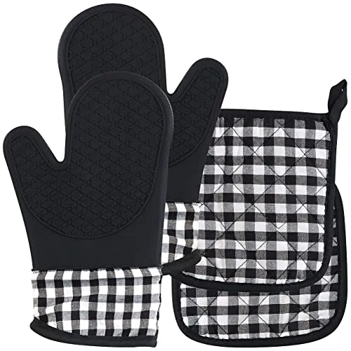 Rosenstein & Söhne Topfhandschuh: 4er-Set Silikon-Ofenhandschuhe und Topflappen, bis 240 °C, abwischbar (Backofenhandschuhe, Silikonofenhandschuhe, Silikonhandschuhe)