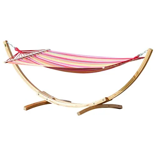 ALEOS. 320cm Hängemattengestell Blanca-Alicia Hängematte mit Gestell aus Holz Lärche Natur mit bunter Stabhängematte