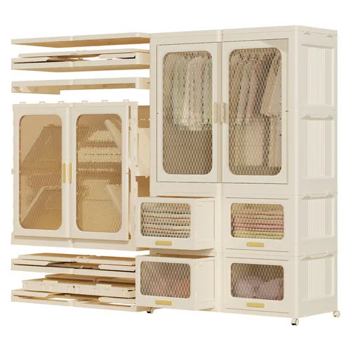 Heikoeco® Kleiderschrank weiss, stapelbarer Garderobenschrank aus hochwertigem Kunststoff mit Schubladen (1 Stange+ 4 Schublade)92x55x184,5cm