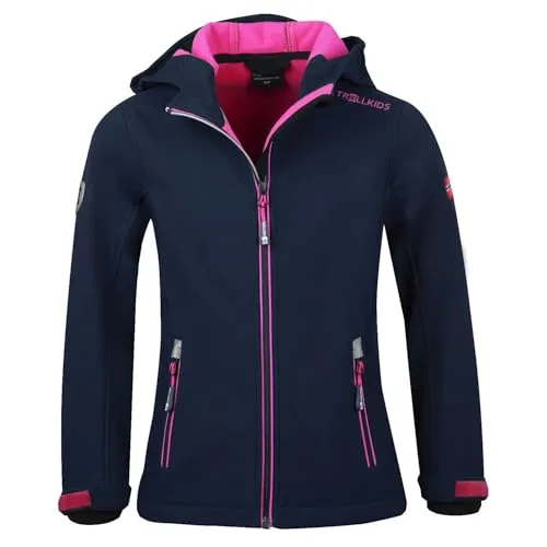 Trollkids Mädchen Trollfjord Softshelljacke - navy/magenta - Funktionsjacke für Kinder, wasserabweisend und winddicht, ideal für aktive Tage im Freien. Mit verstellbaren Ärmelbündchen und reflektierenden Details für optimale Sichtbarkeit.