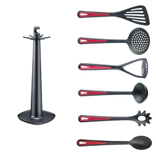 Westmark Küchenhelfer-Set Gallant, 7-teilig, rot/schwarz - Praktisches Küchenhelfer-Set mit 7 Teilen, inklusive drehbarem Aufbewahrungsständer. Hitzebeständig bis 210°C und BPA-frei, ideal für beschichtete Pfannen und Töpfe. Made in Germany.