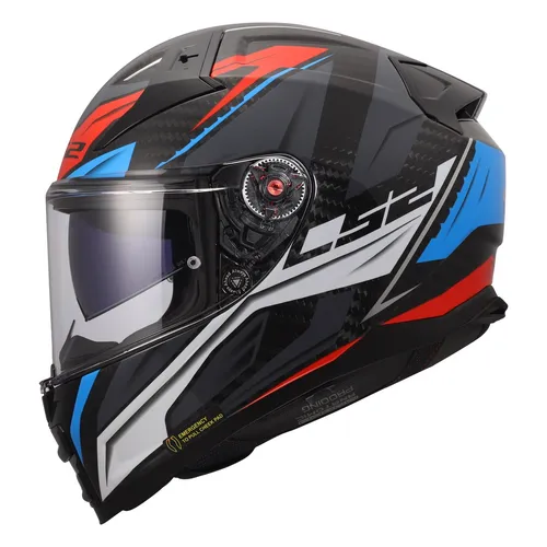 LS2 VECTOR II CARBON SAVAGE Motorradhelm, Weiß Blau Rot, Größe L - Leichter und widerstandsfähiger Integraler Helm mit Carbonfaserschale (1300 g). Optimale Sicherheit durch Multi-Density-EPS und hervorragende Belüftung. Kratzfestes Visier mit Antibeschlagsystem für besten Komfort.