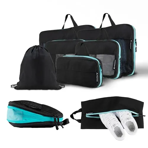 ATACAMA Packtaschen mit Kompression - 8er-Set Schwarz - Gartenboxen für eine organisierte Reise! Mit Kompressionsfunktion für bis zu 2x mehr Platz und einem Nasswäschefach für nasse Handtücher – ideal für jeden Reisenden!