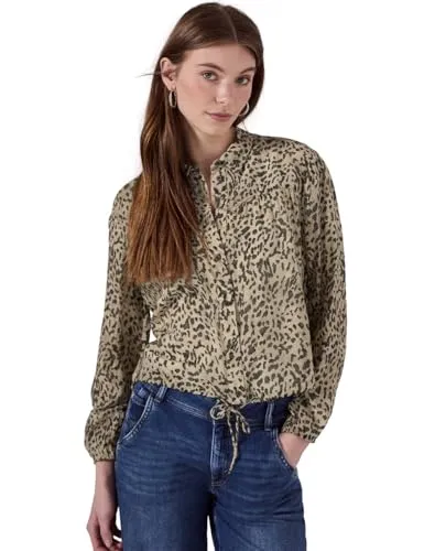 STREET ONE STUDIO Damen F345567 Bluse mit Leo-Muster - Damenbluse in Creamy Brown mit Hemdkragen und elastischen Bündchen, ideal für einen trendigen Look und komfortable Passform.