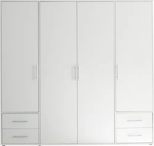 möbelando Kleiderschrank Valencia in Weiß mit 4 Schubladen und 4 Türen - Kleiderschränke - Moderner Kleiderschrank in Weiß mit viel Stauraum und harmonischen Farbkombinationen, ideal für jede Einrichtung.