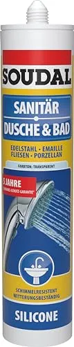Soudal Sanitärsilikon Dusche & Bad, 300ml, Kartusche, Weiss - Hochwertiger Fugendichtstoff für Verfugungen in Feuchträumen z.B. Anschlussfugen zwischen Wanne, Duschtasse, WC und Wand