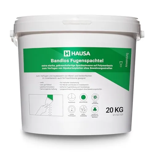 Hausa Bandlos Fugenspachtel 20kg - Eisenwaren Spachtelmasse, extrem hohe Fugenfestigkeit ohne Verstärkungsbänder, ideal für Gipskartonplatten und Innenräume, schnelldocknend und einfach zu verarbeiten.