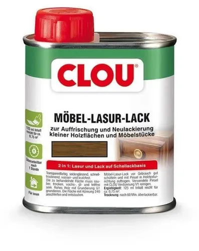Clou Möbel Lack L4 125 ml Eiche Mittel - Hochwertige Holzlasur in seidenglänzendem Braun für eine ansprechende Oberflächenbehandlung. Ideal für Möbel und Holzoberflächen, schützt und verleiht langlebigen Glanz.